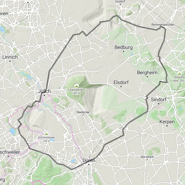 Map miniature of "The Rommerskirchen Road Challenge" cycling inspiration in Düsseldorf, Germany. Generated by Tarmacs.app cycling route planner