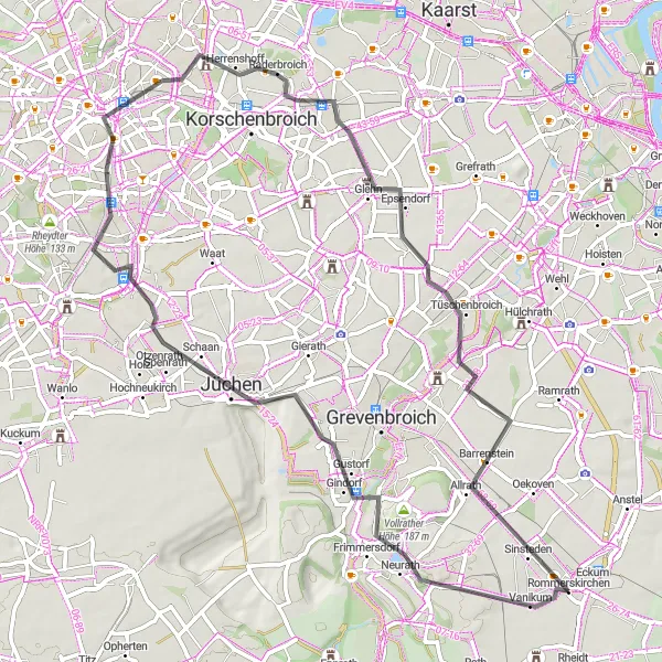 Map miniature of "The Road to Myllendonk" cycling inspiration in Düsseldorf, Germany. Generated by Tarmacs.app cycling route planner