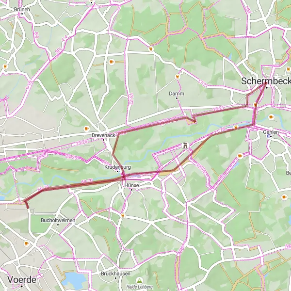 Map miniature of "Scenic Gravel Ride to Schloss Gartrop" cycling inspiration in Düsseldorf, Germany. Generated by Tarmacs.app cycling route planner