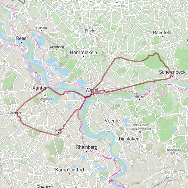 Map miniature of "Round-Trip Route from Schermbeck to Xanten and Wesel" cycling inspiration in Düsseldorf, Germany. Generated by Tarmacs.app cycling route planner