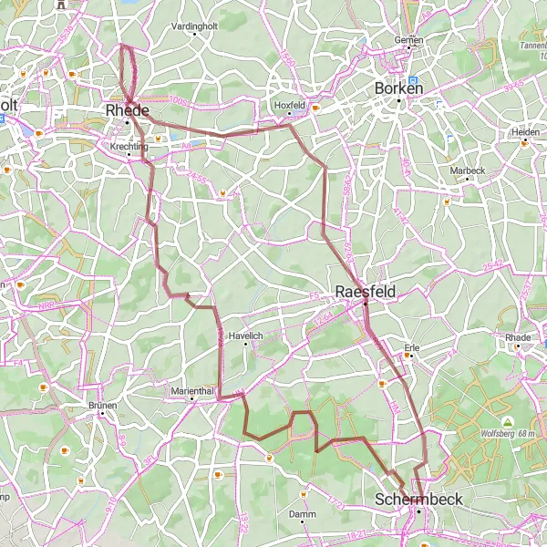Map miniature of "Explore the Gravel Roads of Schermbeck" cycling inspiration in Düsseldorf, Germany. Generated by Tarmacs.app cycling route planner