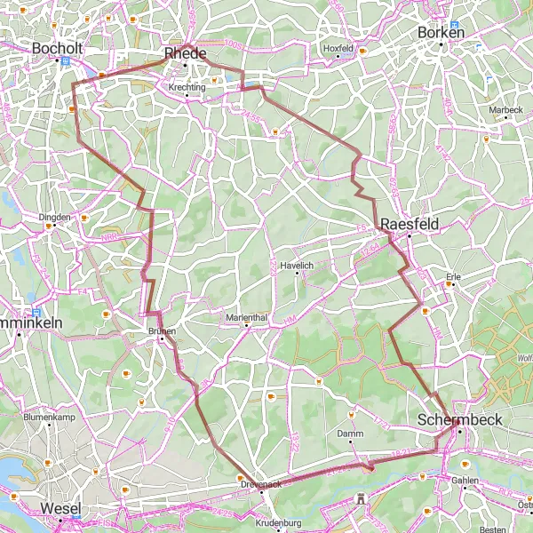 Map miniature of "Scenic Gravel Route to Schloss Raesfeld" cycling inspiration in Düsseldorf, Germany. Generated by Tarmacs.app cycling route planner