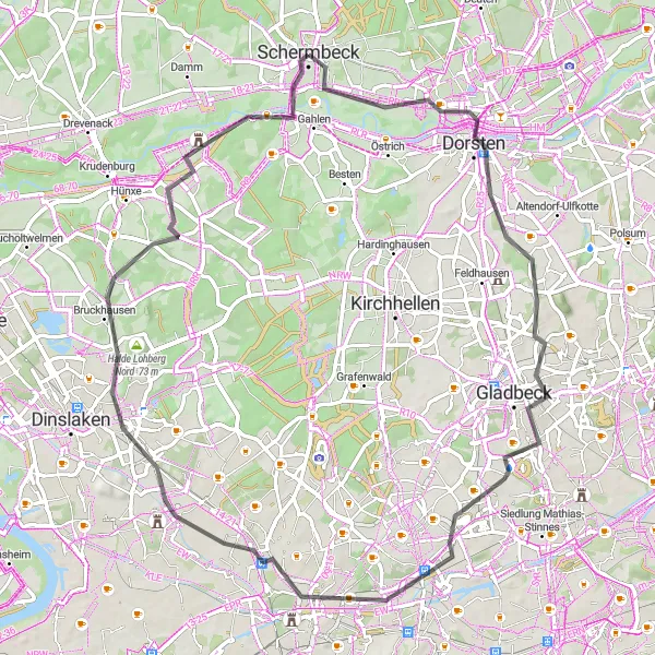 Map miniature of "Urban Adventures and Tower Views" cycling inspiration in Düsseldorf, Germany. Generated by Tarmacs.app cycling route planner