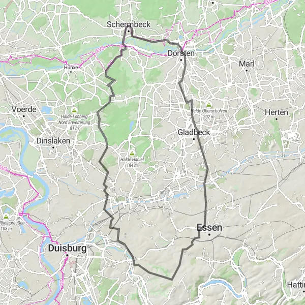 Map miniature of "Stadtkrone and Halde Mathias Stinnes" cycling inspiration in Düsseldorf, Germany. Generated by Tarmacs.app cycling route planner
