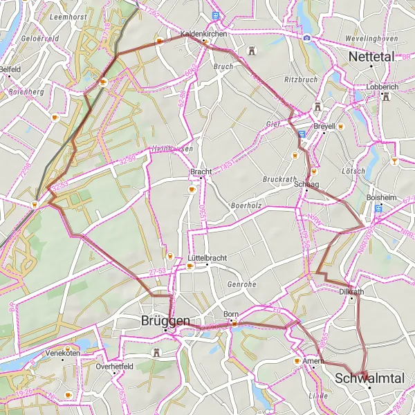 Map miniature of "Borner See and Dilkrath Gravel Route" cycling inspiration in Düsseldorf, Germany. Generated by Tarmacs.app cycling route planner