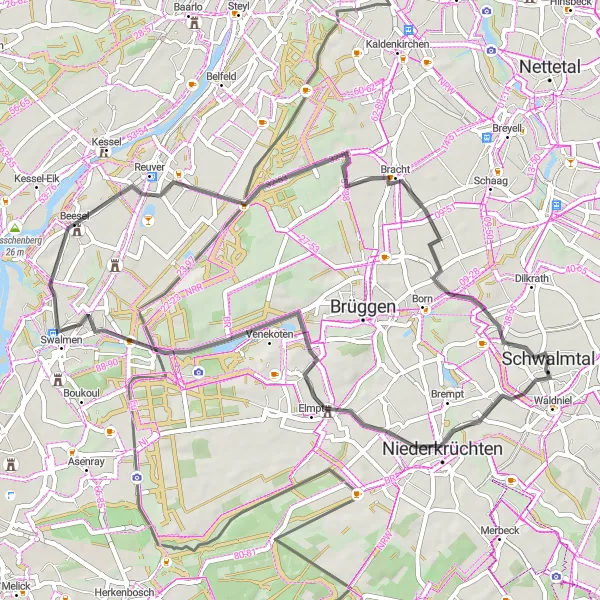 Map miniature of "Discovering Overhetfeld and Amern" cycling inspiration in Düsseldorf, Germany. Generated by Tarmacs.app cycling route planner