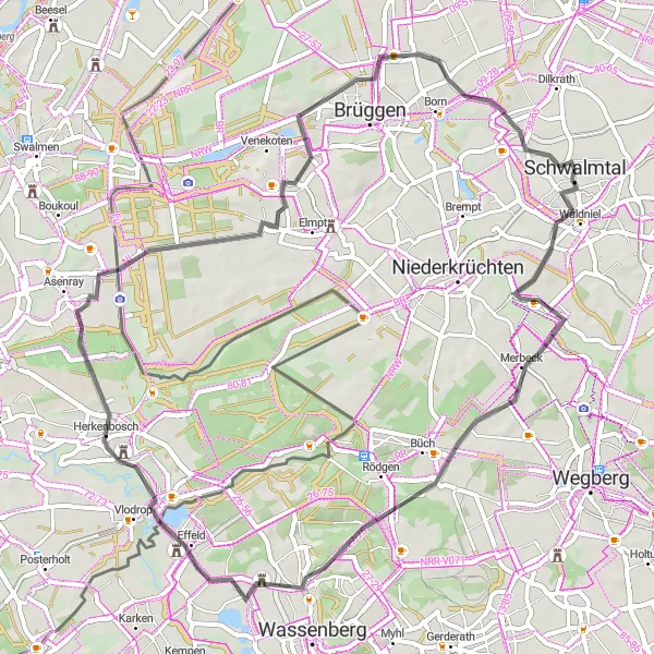Map miniature of "Schwalmtal Kopfweiden Loop" cycling inspiration in Düsseldorf, Germany. Generated by Tarmacs.app cycling route planner