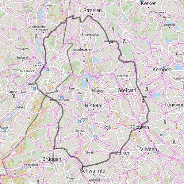 Karten-Miniaturansicht der Radinspiration "Abenteuerliche Fahrt durch malerische Orte" in Düsseldorf, Germany. Erstellt vom Tarmacs.app-Routenplaner für Radtouren