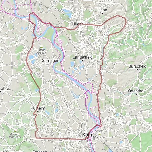 Map miniature of "Scenic Gravel Tour through Solingen and Cologne" cycling inspiration in Düsseldorf, Germany. Generated by Tarmacs.app cycling route planner
