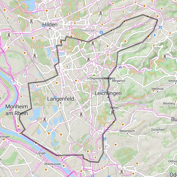 Map miniature of "Solingen to Mangenberg Road Cycling Route" cycling inspiration in Düsseldorf, Germany. Generated by Tarmacs.app cycling route planner