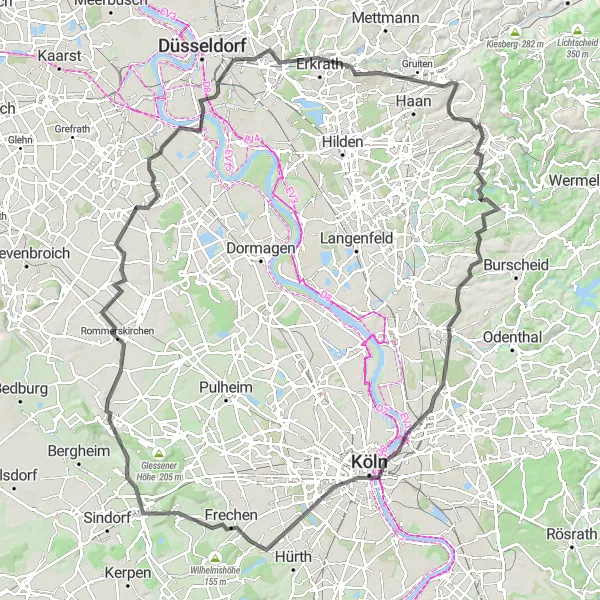 Map miniature of "Road Cycling Tour from Solingen to Cologne" cycling inspiration in Düsseldorf, Germany. Generated by Tarmacs.app cycling route planner