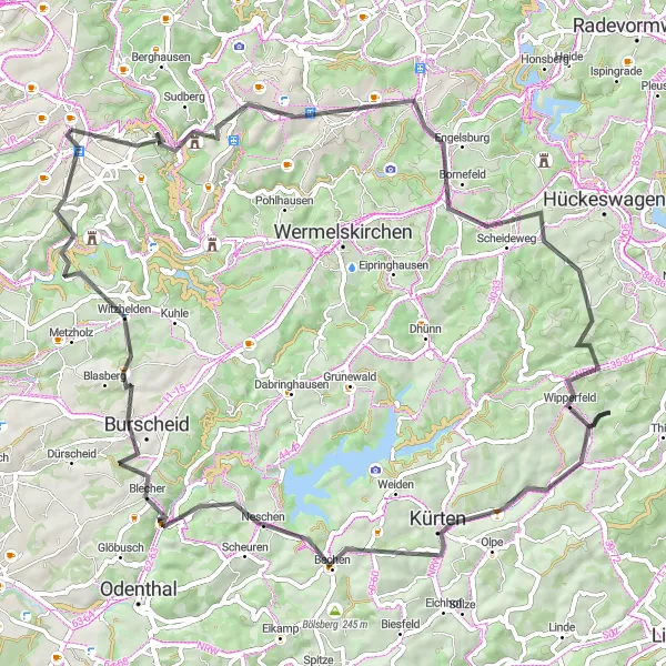 Karten-Miniaturansicht der Radinspiration "Remscheid und Burg Hohenscheid Runde" in Düsseldorf, Germany. Erstellt vom Tarmacs.app-Routenplaner für Radtouren