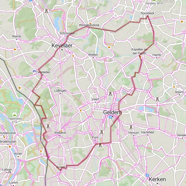 Map miniature of "Geldern and Sonsbeck Gravel Ride" cycling inspiration in Düsseldorf, Germany. Generated by Tarmacs.app cycling route planner