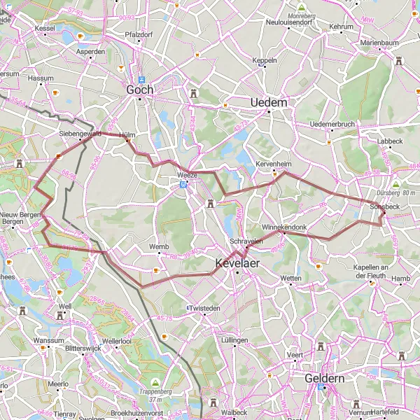 Map miniature of "Kevelaer and Sonsbeck Gravel Ride" cycling inspiration in Düsseldorf, Germany. Generated by Tarmacs.app cycling route planner