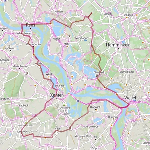 Map miniature of "Adventurous Gravel Route near Sonsbeck" cycling inspiration in Düsseldorf, Germany. Generated by Tarmacs.app cycling route planner