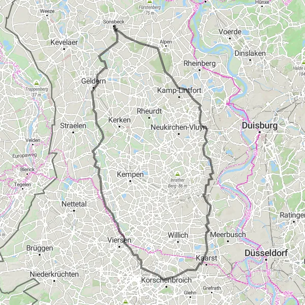 Map miniature of "Discovering Sonsbeck and its Surroundings" cycling inspiration in Düsseldorf, Germany. Generated by Tarmacs.app cycling route planner