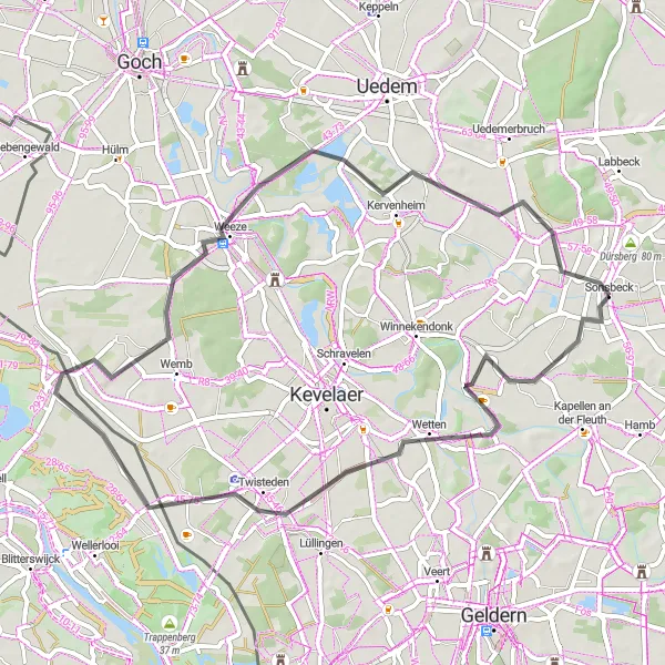 Map miniature of "Wetten and Weeze Road Biking Excursion" cycling inspiration in Düsseldorf, Germany. Generated by Tarmacs.app cycling route planner