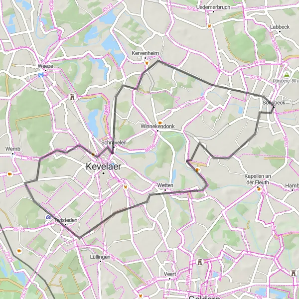 Map miniature of "Leisurely Ride to Sonsbeck" cycling inspiration in Düsseldorf, Germany. Generated by Tarmacs.app cycling route planner