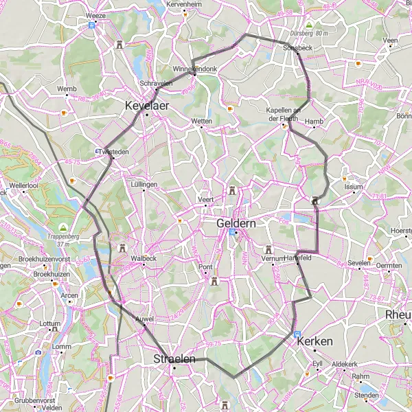 Map miniature of "Sonsbeck and the Surrounding Countryside" cycling inspiration in Düsseldorf, Germany. Generated by Tarmacs.app cycling route planner