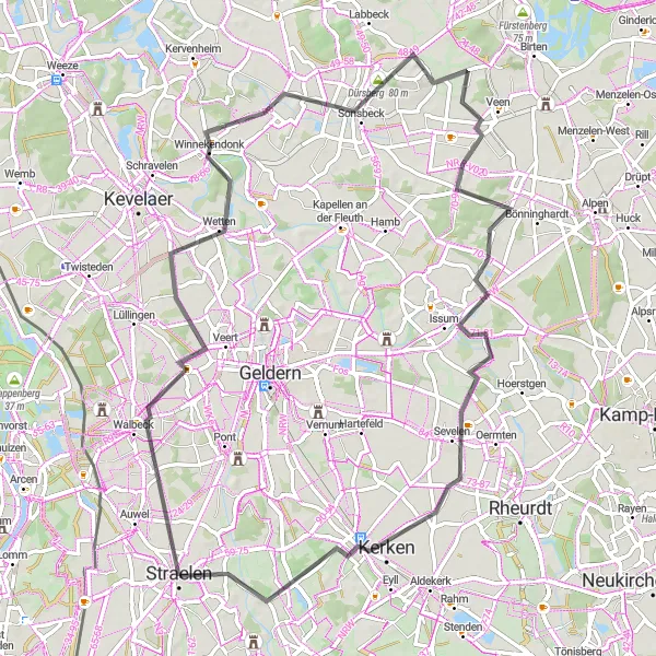 Map miniature of "Straelen Loop" cycling inspiration in Düsseldorf, Germany. Generated by Tarmacs.app cycling route planner