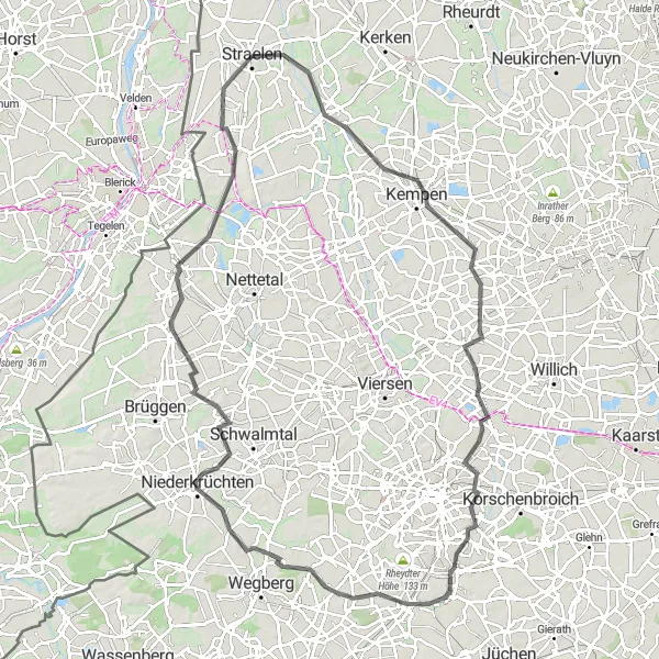 Map miniature of "Scenic Kempen and Kaldenkirchen Road Route" cycling inspiration in Düsseldorf, Germany. Generated by Tarmacs.app cycling route planner