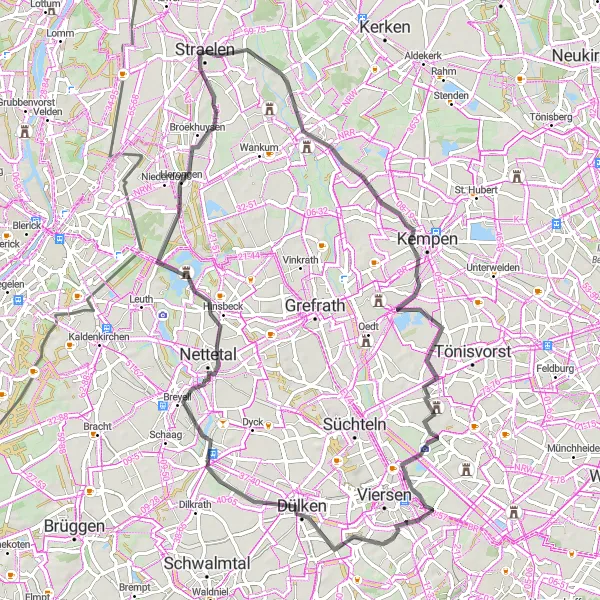 Map miniature of "The Kempen Adventure" cycling inspiration in Düsseldorf, Germany. Generated by Tarmacs.app cycling route planner