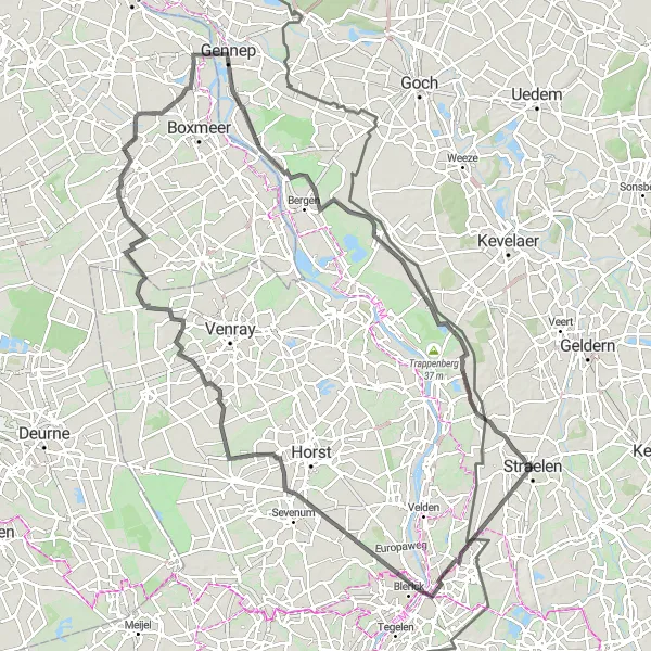 Map miniature of "Straelen to Nieuw Bergen Loop" cycling inspiration in Düsseldorf, Germany. Generated by Tarmacs.app cycling route planner