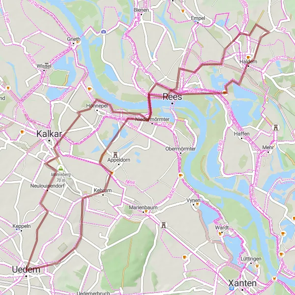 Karten-Miniaturansicht der Radinspiration "Gravel-Rundweg von Uedem nach Kalkar" in Düsseldorf, Germany. Erstellt vom Tarmacs.app-Routenplaner für Radtouren