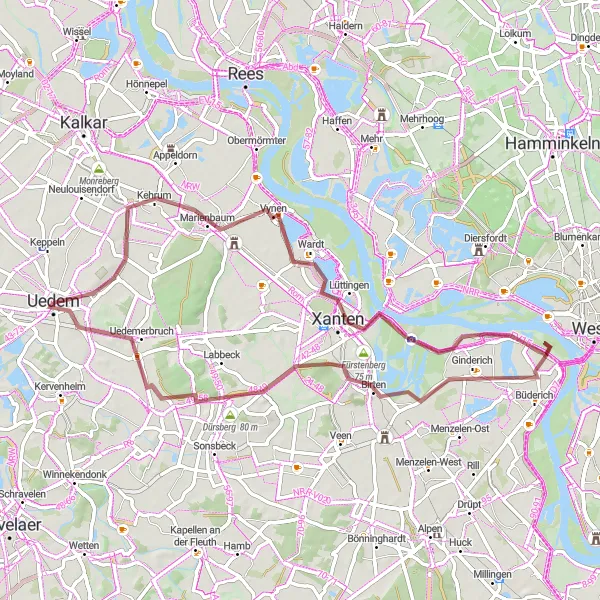 Karten-Miniaturansicht der Radinspiration "Gravel-Tour von Uedem nach Xanten" in Düsseldorf, Germany. Erstellt vom Tarmacs.app-Routenplaner für Radtouren