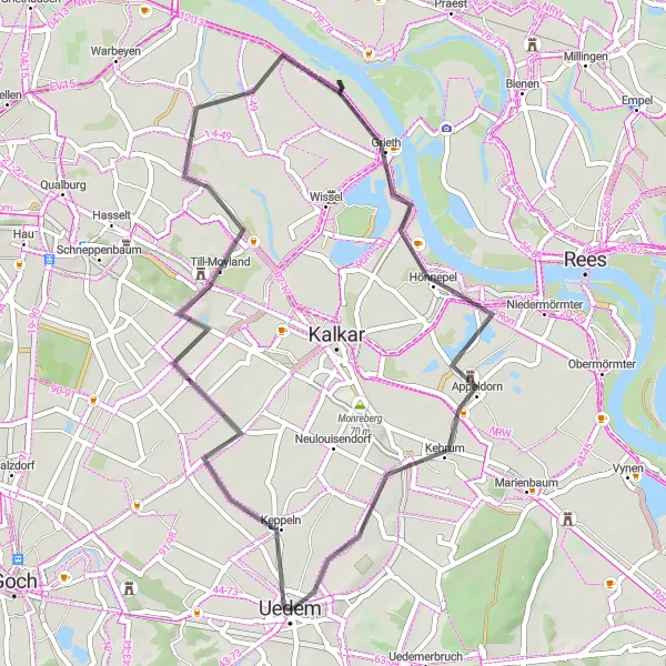 Map miniature of "Till-Moyland Loop" cycling inspiration in Düsseldorf, Germany. Generated by Tarmacs.app cycling route planner
