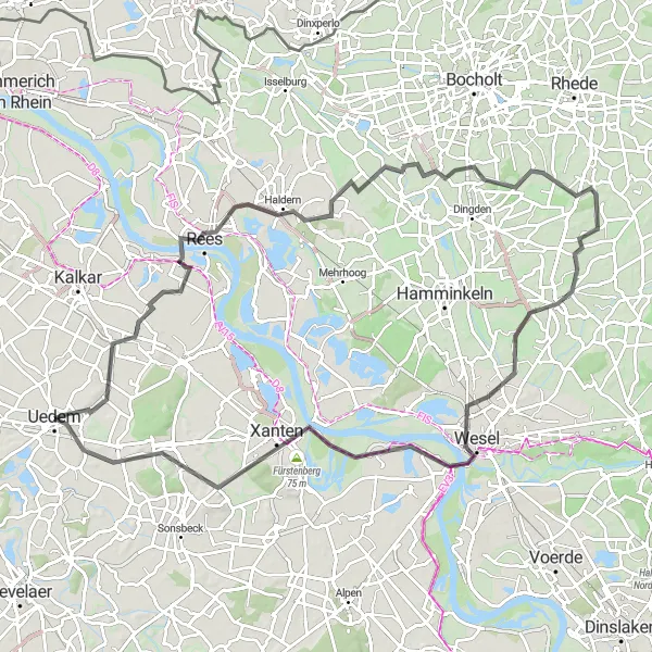 Map miniature of "Legends of Gelderland" cycling inspiration in Düsseldorf, Germany. Generated by Tarmacs.app cycling route planner