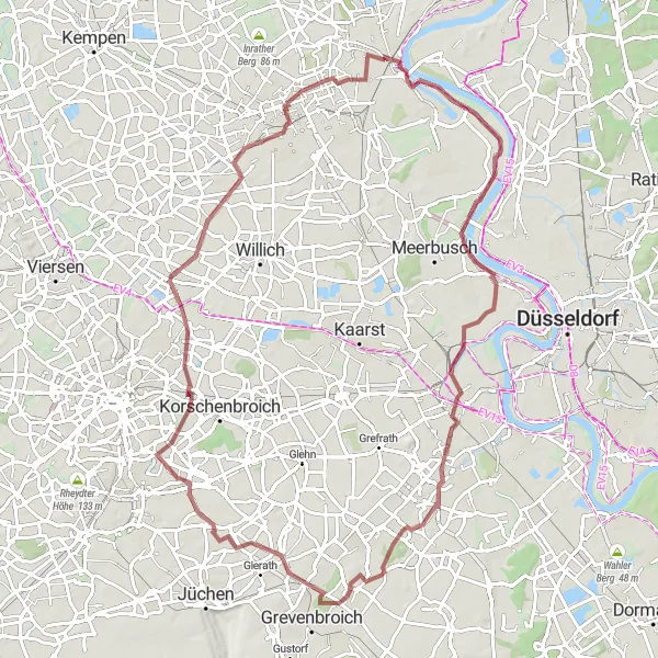 Map miniature of "Uerdingen Extended Gravel Tour" cycling inspiration in Düsseldorf, Germany. Generated by Tarmacs.app cycling route planner