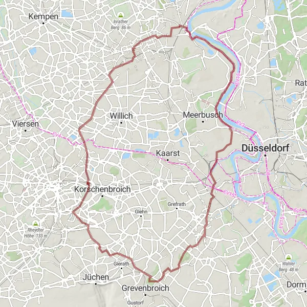 Map miniature of "Bridges, Castles, and Historic Landmarks" cycling inspiration in Düsseldorf, Germany. Generated by Tarmacs.app cycling route planner