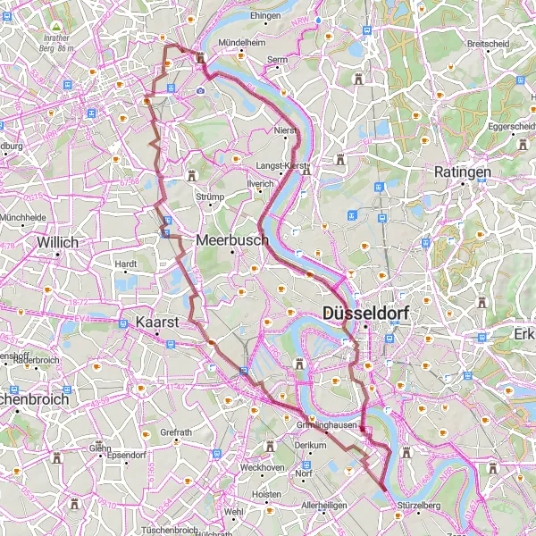Karten-Miniaturansicht der Radinspiration "Gravel-Abenteuer entlang des Rheins" in Düsseldorf, Germany. Erstellt vom Tarmacs.app-Routenplaner für Radtouren