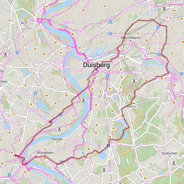Map miniature of "Discovering Duisburg's Gravel Wonders" cycling inspiration in Düsseldorf, Germany. Generated by Tarmacs.app cycling route planner