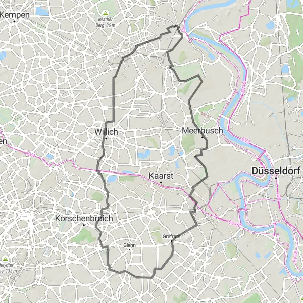 Karten-Miniaturansicht der Radinspiration "Natur pur erleben auf 70 Kilometern" in Düsseldorf, Germany. Erstellt vom Tarmacs.app-Routenplaner für Radtouren