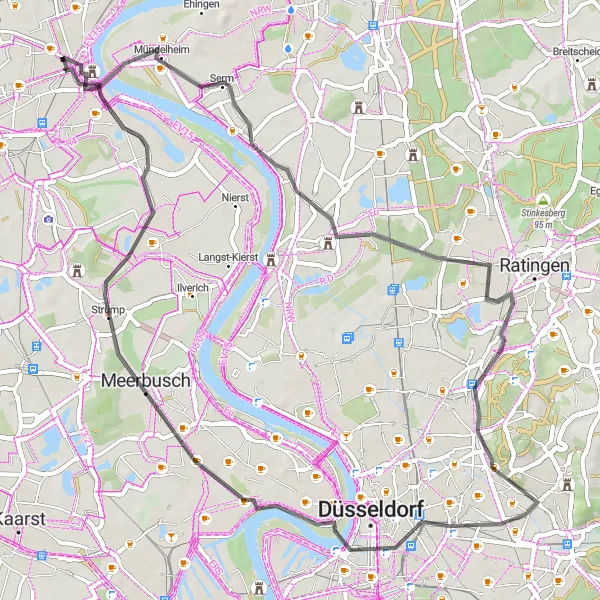 Karten-Miniaturansicht der Radinspiration "Road-Tour durch Krefeld und Düsseldorf" in Düsseldorf, Germany. Erstellt vom Tarmacs.app-Routenplaner für Radtouren