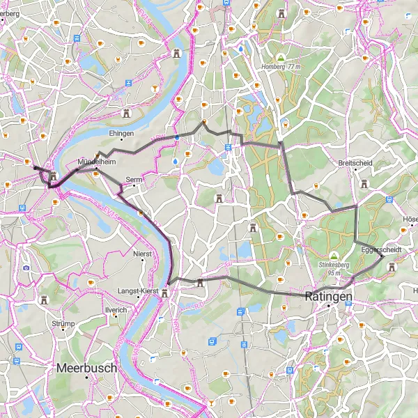 Map miniature of "Bridges & Climbs: Scenic Road Route" cycling inspiration in Düsseldorf, Germany. Generated by Tarmacs.app cycling route planner