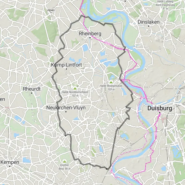 Map miniature of "Uerdingen Scenic Road Loop" cycling inspiration in Düsseldorf, Germany. Generated by Tarmacs.app cycling route planner