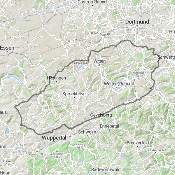 Map miniature of "Challenging Road Route from Velbert" cycling inspiration in Düsseldorf, Germany. Generated by Tarmacs.app cycling route planner