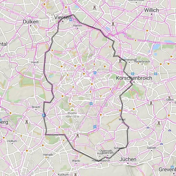 Karten-Miniaturansicht der Radinspiration "Entlang des Nordkanals und Tagebau Garzweiler" in Düsseldorf, Germany. Erstellt vom Tarmacs.app-Routenplaner für Radtouren