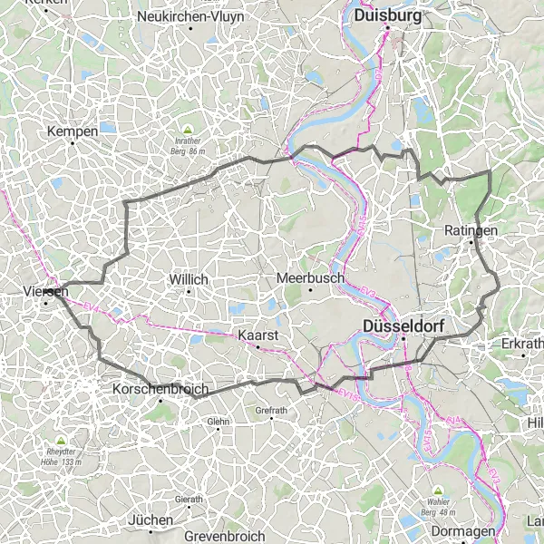 Map miniature of "The Krefeld Journey" cycling inspiration in Düsseldorf, Germany. Generated by Tarmacs.app cycling route planner