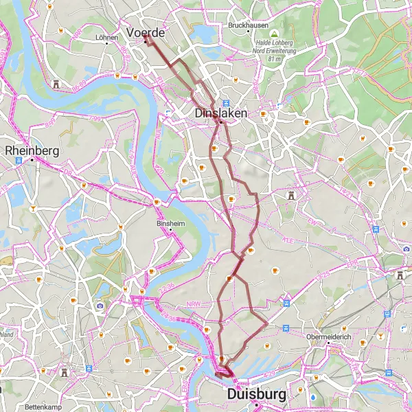 Map miniature of "Gravel Adventure through Dinslaken" cycling inspiration in Düsseldorf, Germany. Generated by Tarmacs.app cycling route planner