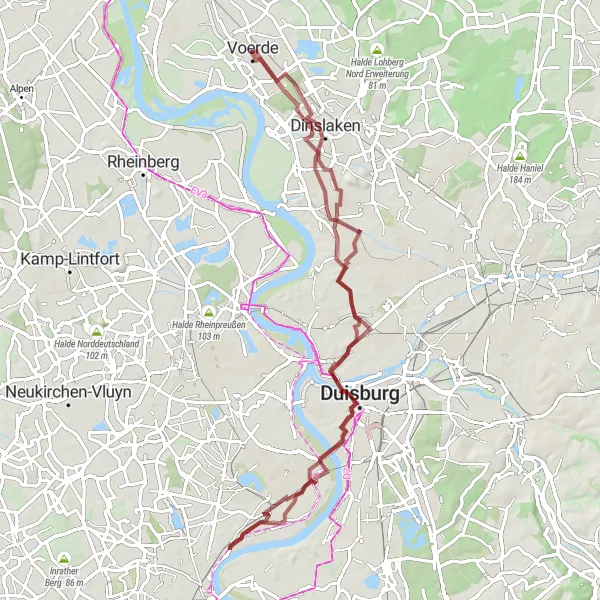 Map miniature of "Duisburg-Hochfelder Eisenbahnbrücke Cycling Adventure" cycling inspiration in Düsseldorf, Germany. Generated by Tarmacs.app cycling route planner