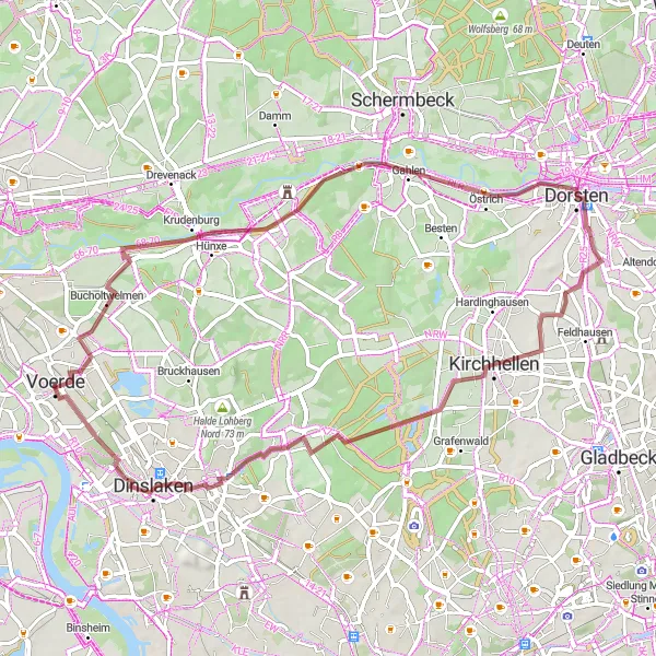 Map miniature of "Glimpses into Dorsten and Kirchhellen" cycling inspiration in Düsseldorf, Germany. Generated by Tarmacs.app cycling route planner