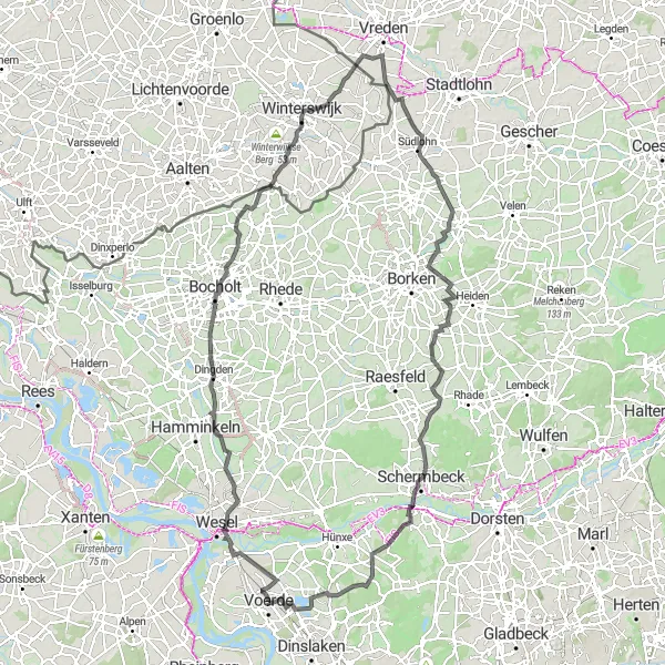 Karten-Miniaturansicht der Radinspiration "Landschaftliche Radtour von Voerde nach Bruckhausen" in Düsseldorf, Germany. Erstellt vom Tarmacs.app-Routenplaner für Radtouren
