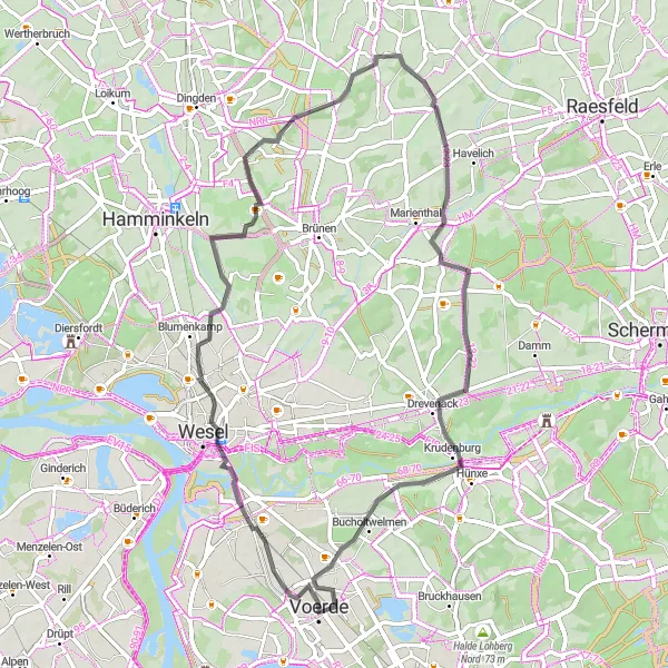 Map miniature of "Voerde to Drevenack Scenic Road Cycling Route" cycling inspiration in Düsseldorf, Germany. Generated by Tarmacs.app cycling route planner