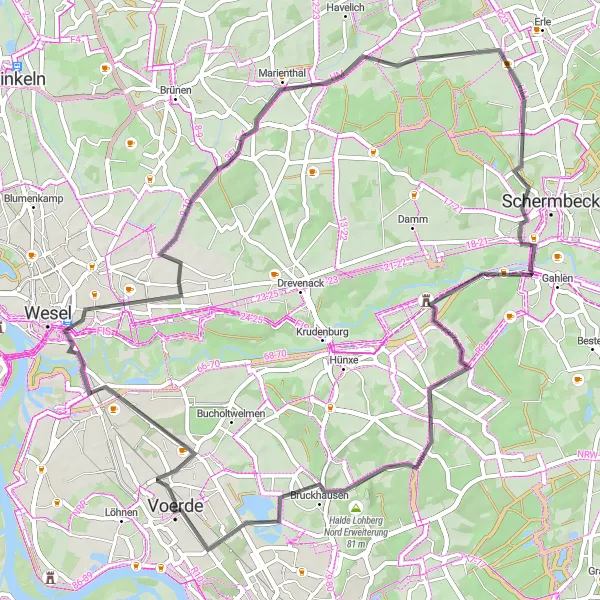 Karten-Miniaturansicht der Radinspiration "Natur und Kultur entlang der Route Voerde bis Möllen" in Düsseldorf, Germany. Erstellt vom Tarmacs.app-Routenplaner für Radtouren