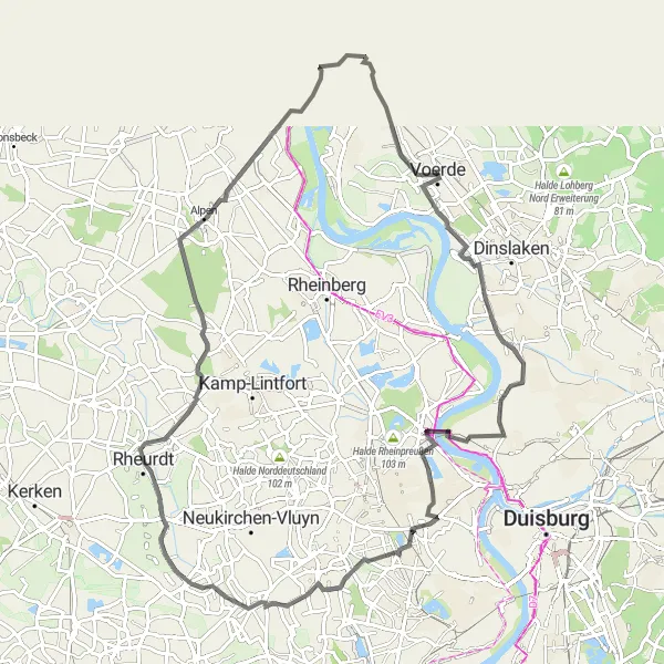 Map miniature of "Voerde and Alpen Cycling Journey" cycling inspiration in Düsseldorf, Germany. Generated by Tarmacs.app cycling route planner