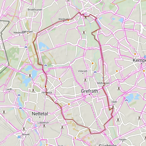 Map miniature of "Wachtendonk Gravel Ride" cycling inspiration in Düsseldorf, Germany. Generated by Tarmacs.app cycling route planner